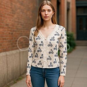 2 A TEE Sweater Womens Petite White/Blue Cardigan Ruffled Bicycle Print Cute PS